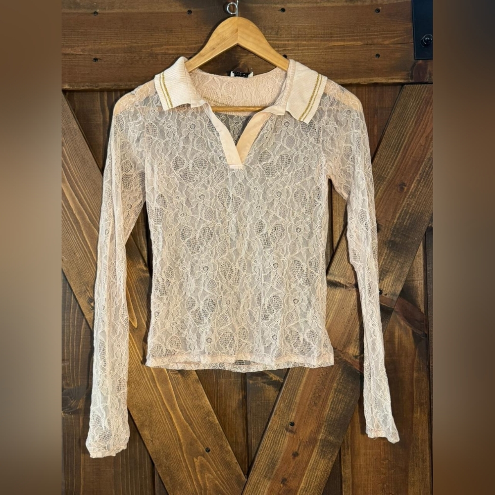 Vintage Y2K Rosa Cha Elegant Cream Lace Long Sleeve Top